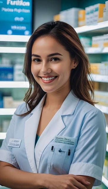 foto de balconista de farmacia com braço cruzando e sorrindo