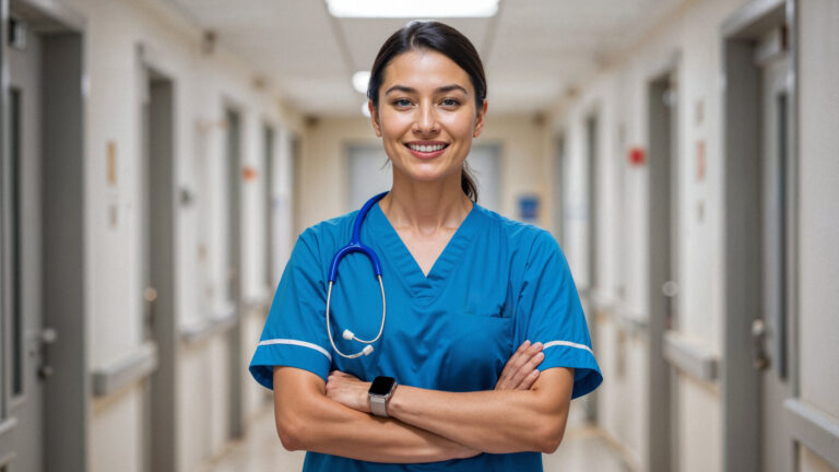 Enfermeira em um corredor do hospital sorrindo para a câmera