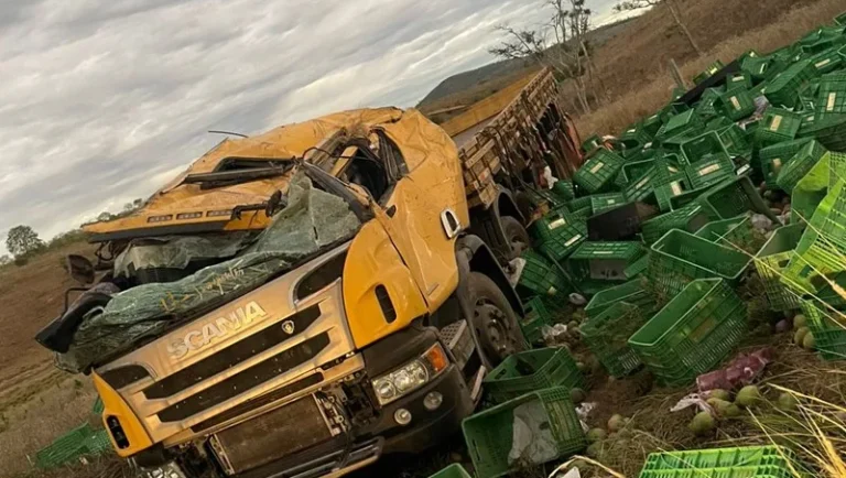 Caminhão carregado de manga capota na BA-130 e deixa motorista ferido